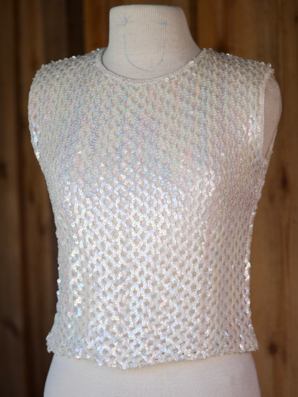 Vintage 60's Stylebest Kitting Mills Rainbow Sequin Off- White Sleeveless Top S